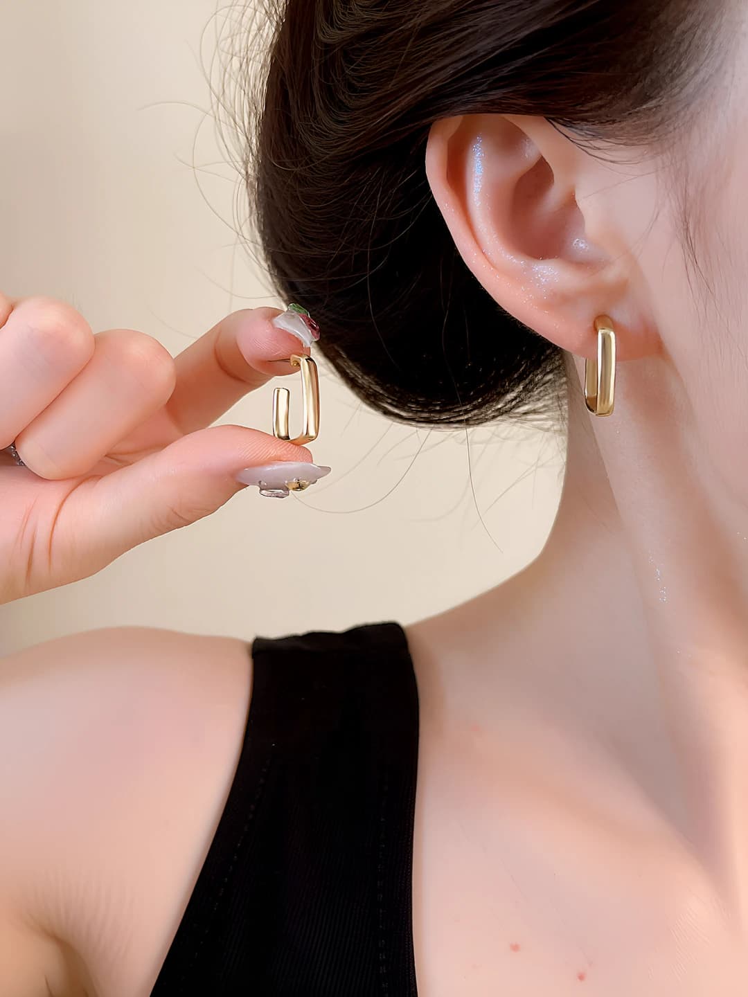 Gold square stud earrings, 925 silver