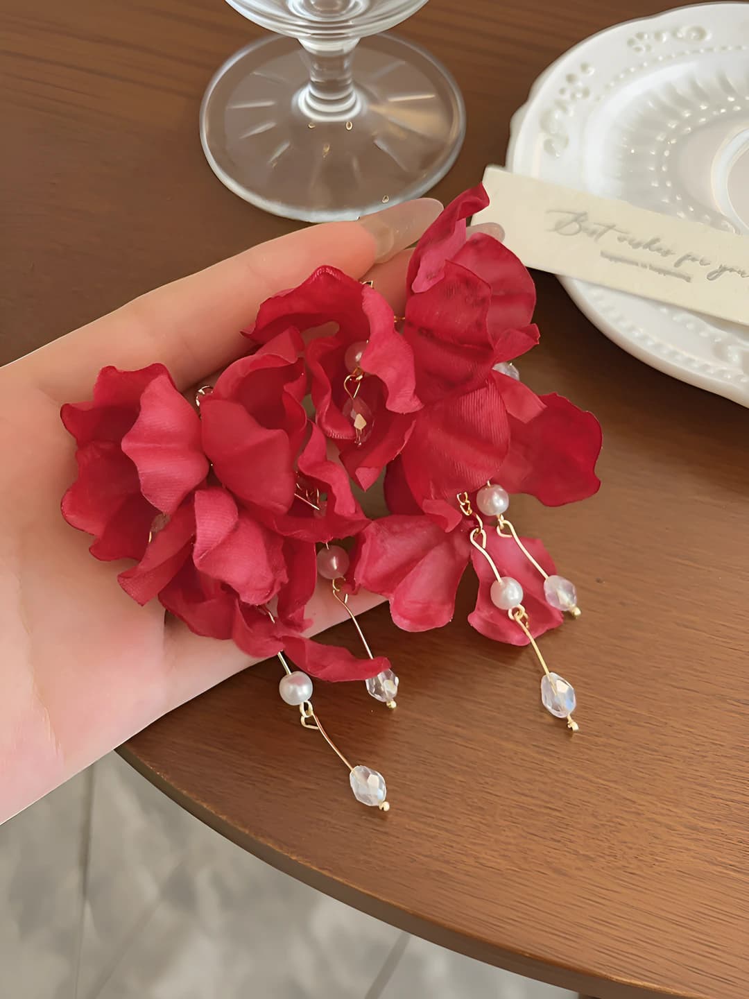 Rose red floral tassel earrings, 9.5 cm