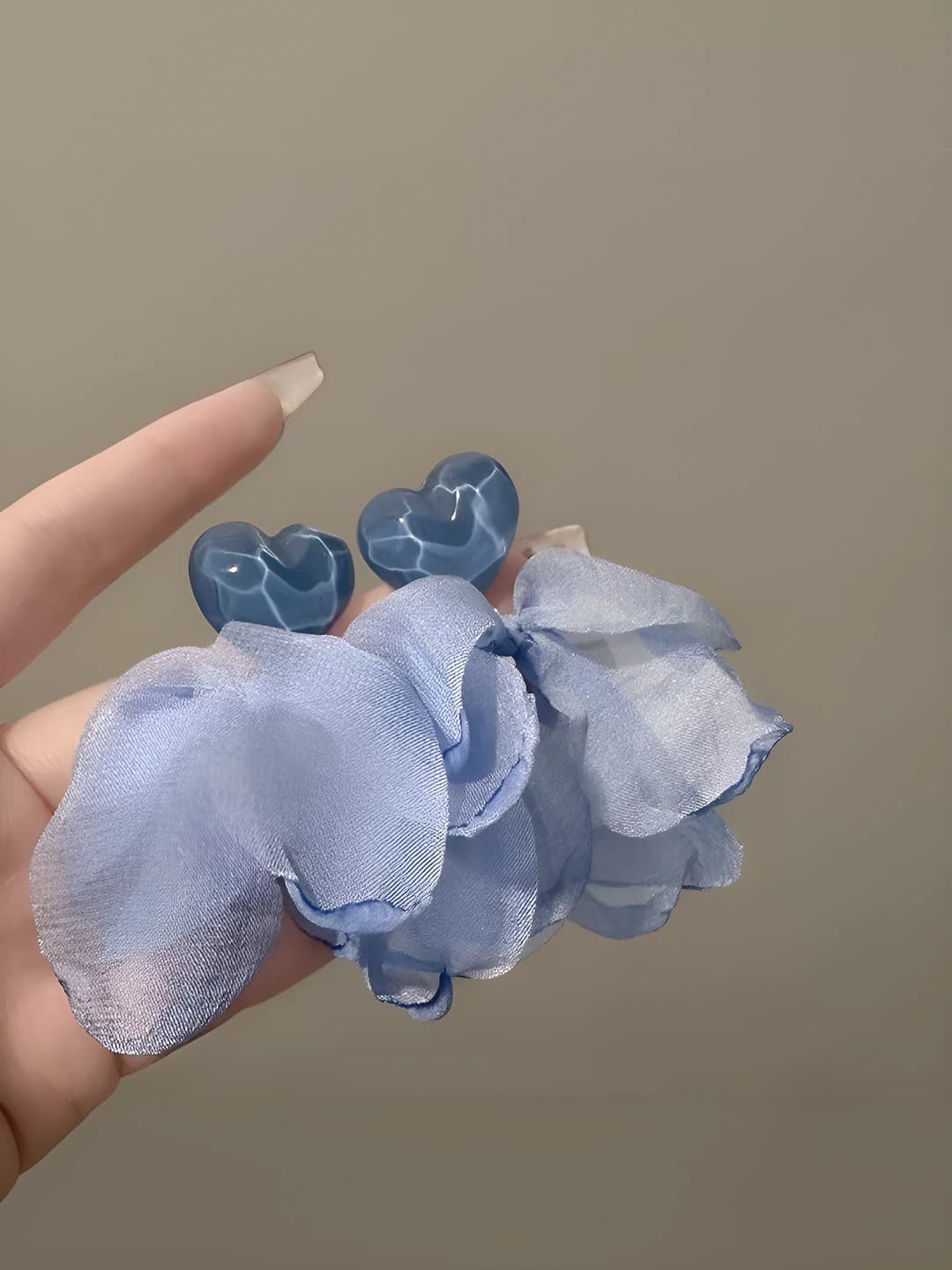 Blue chiffon heart studs