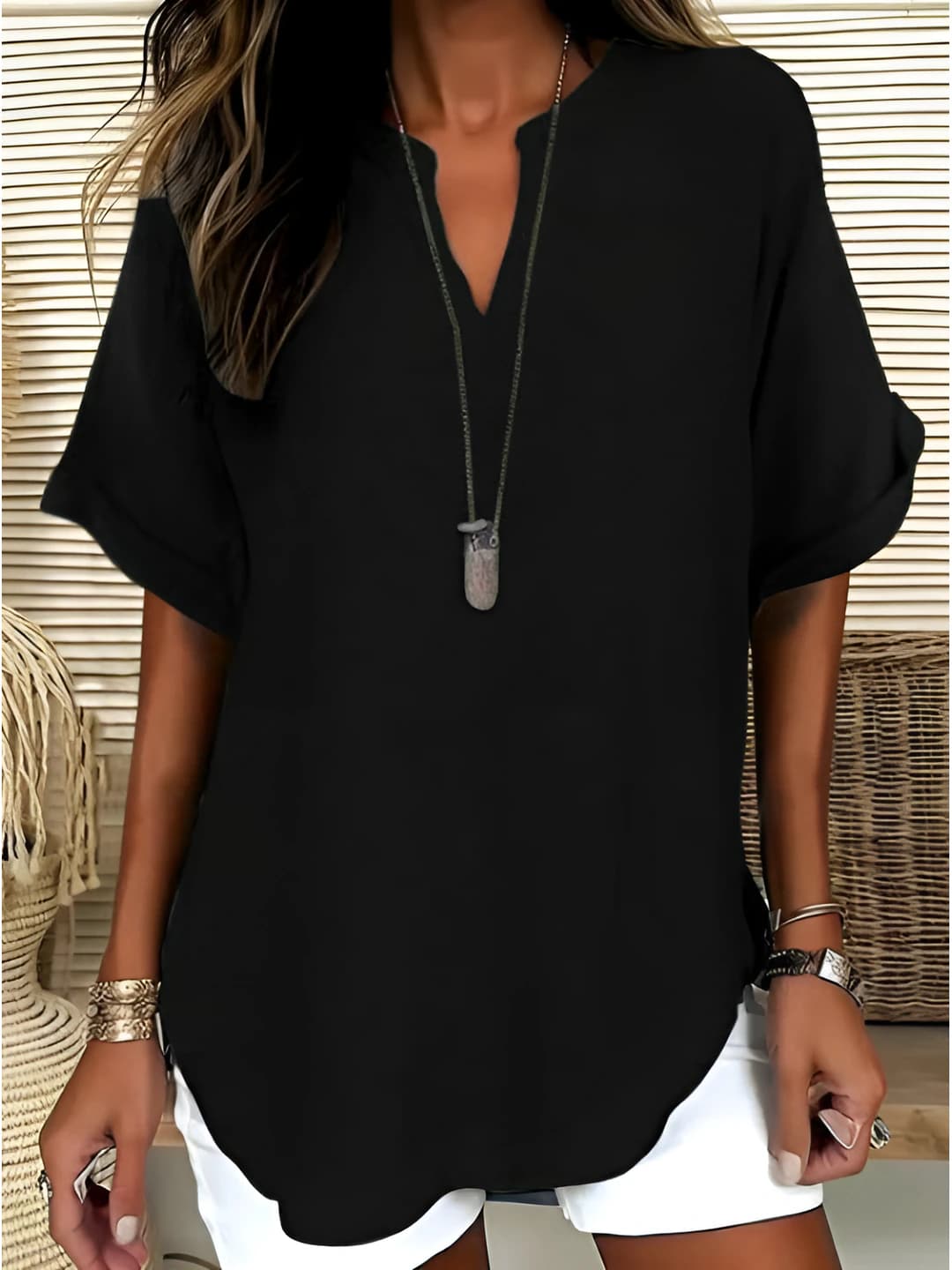 Women's spring printed loose fit top with V-neck and short sleeve