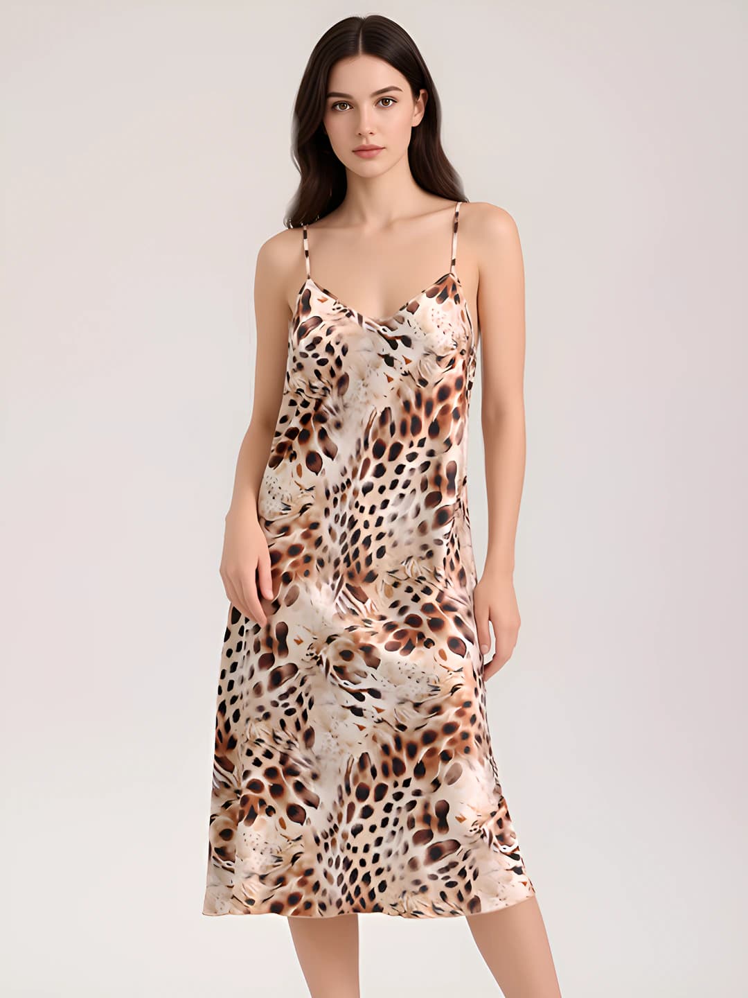 Women's summer and spring V-neck, sleeveless, long, leopard print, ultra-thin satin chiffon nightgown