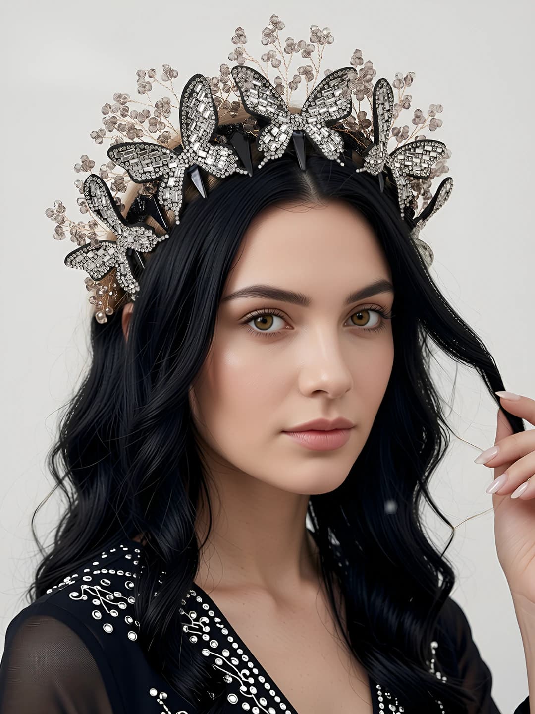 Women's retro style handmade rhinestone headband, 3D butterfly, premium feel, hair accessory for birthday party and photo shoot