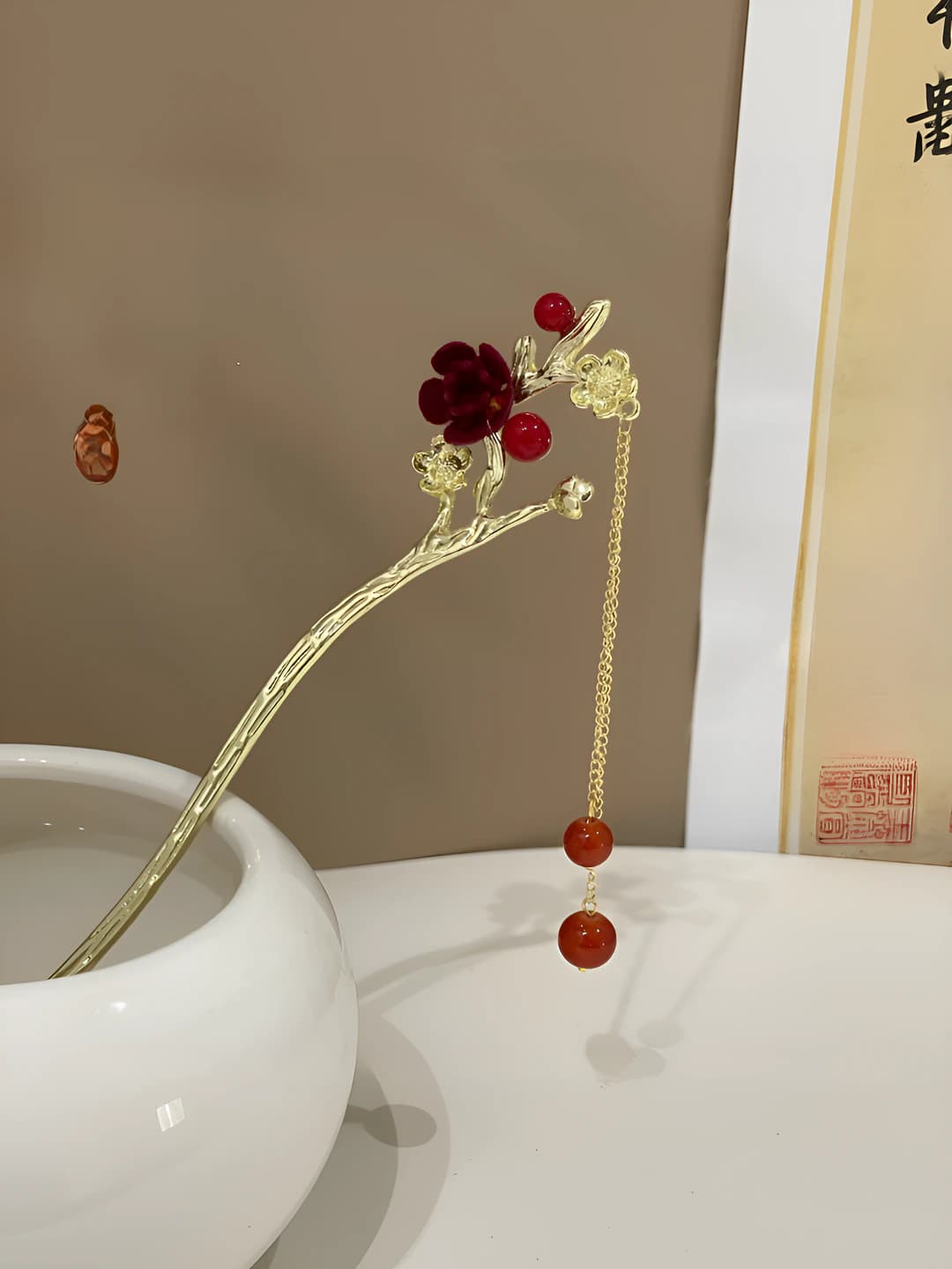 1# Red flower pearl pendant hairpin - Gold (bagged)