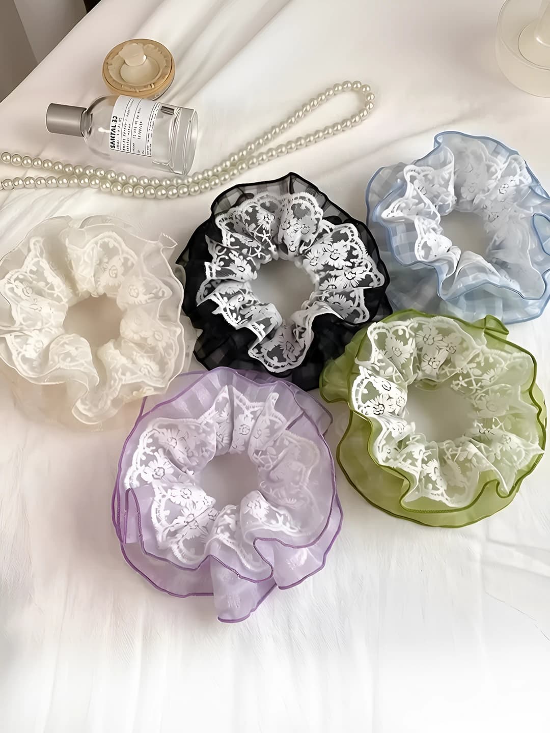 Women's spring-summer lace hair scrunchies, Korean style, stretch, four-layer