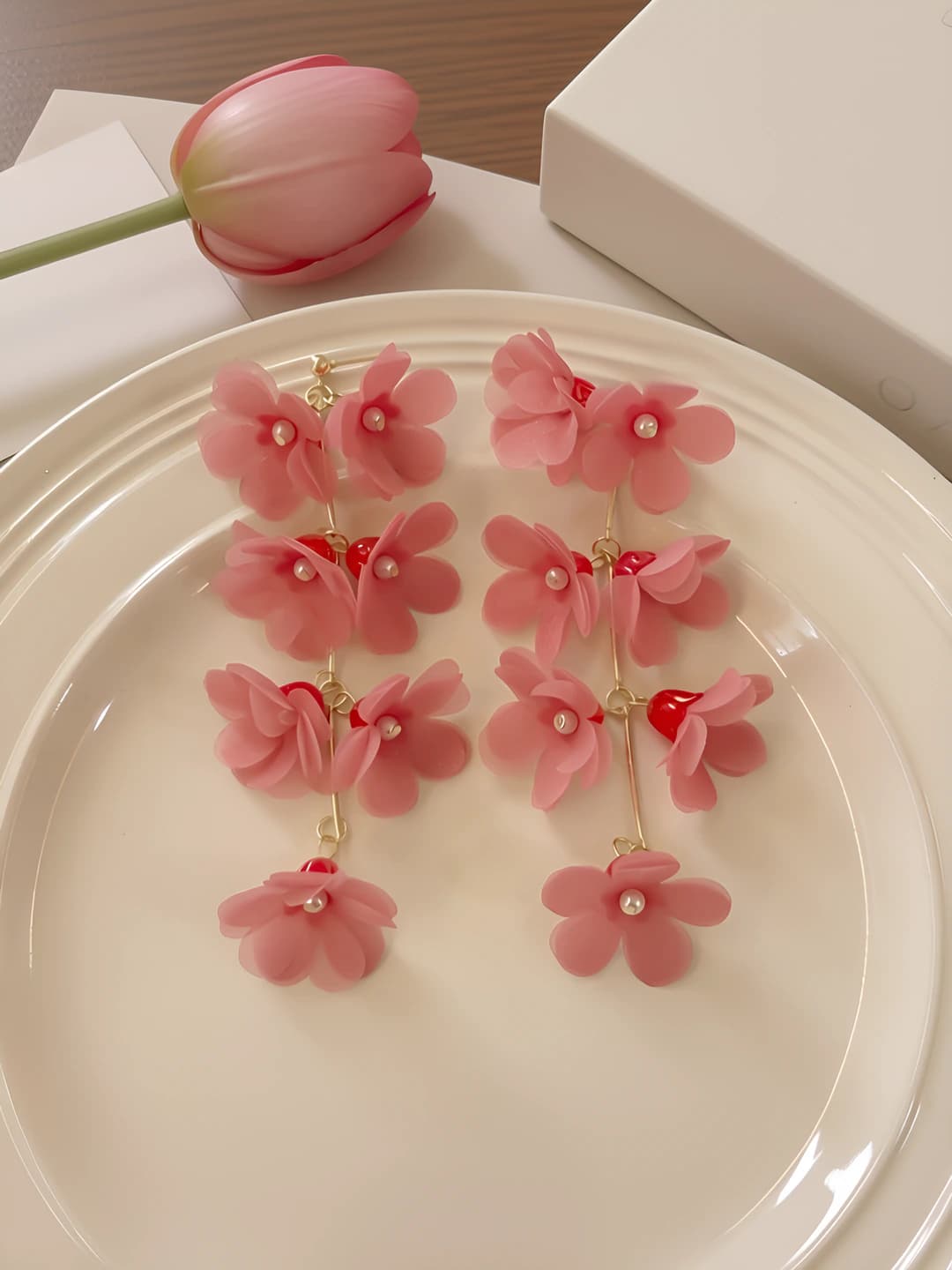 Rose red chiffon flower tassel earrings