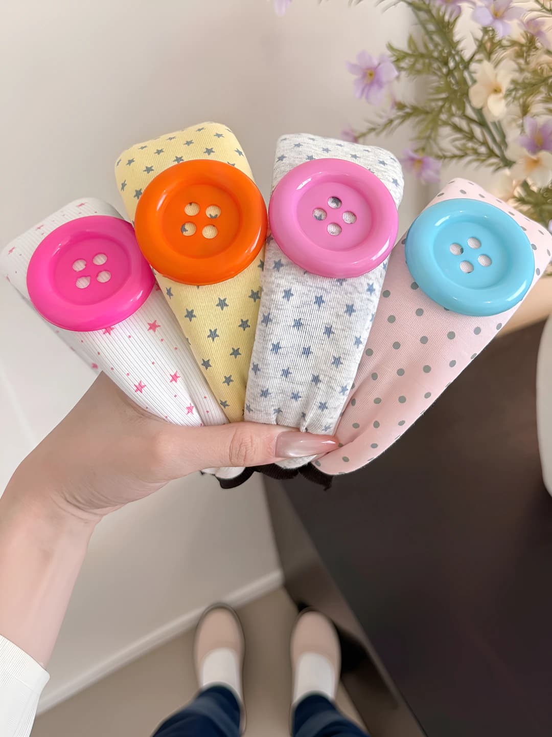 Women's button headband: Korean style, polka dot, star design element, handmade, high forehead