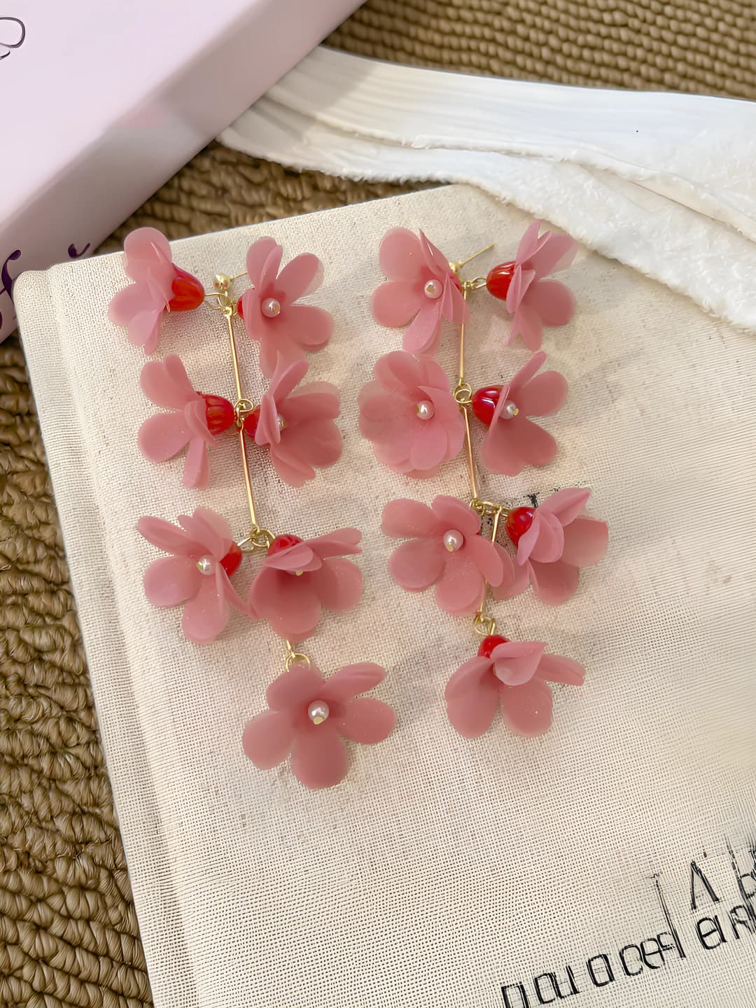 Rose red chiffon flower tassel earrings