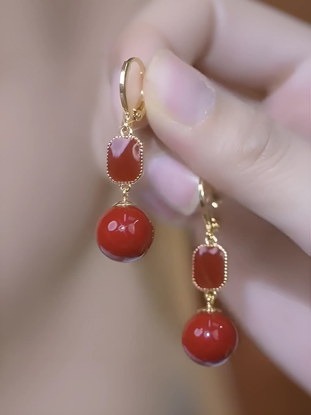 Women's red beaded earrings for 2026 New Year, light luxury style, geometric design element, for winter