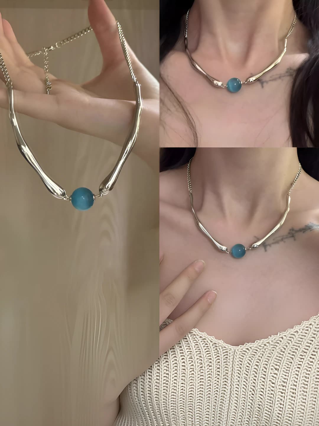 Ayollar uchun retro geometrik asosli qisqa zanjirli ko'k rangli qadon