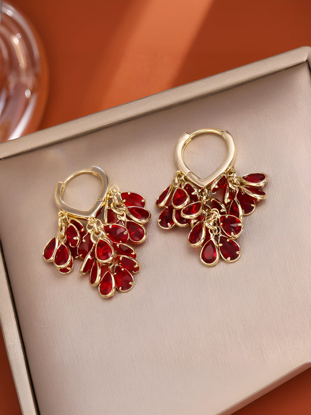 Red teardrop fringe heart earrings
