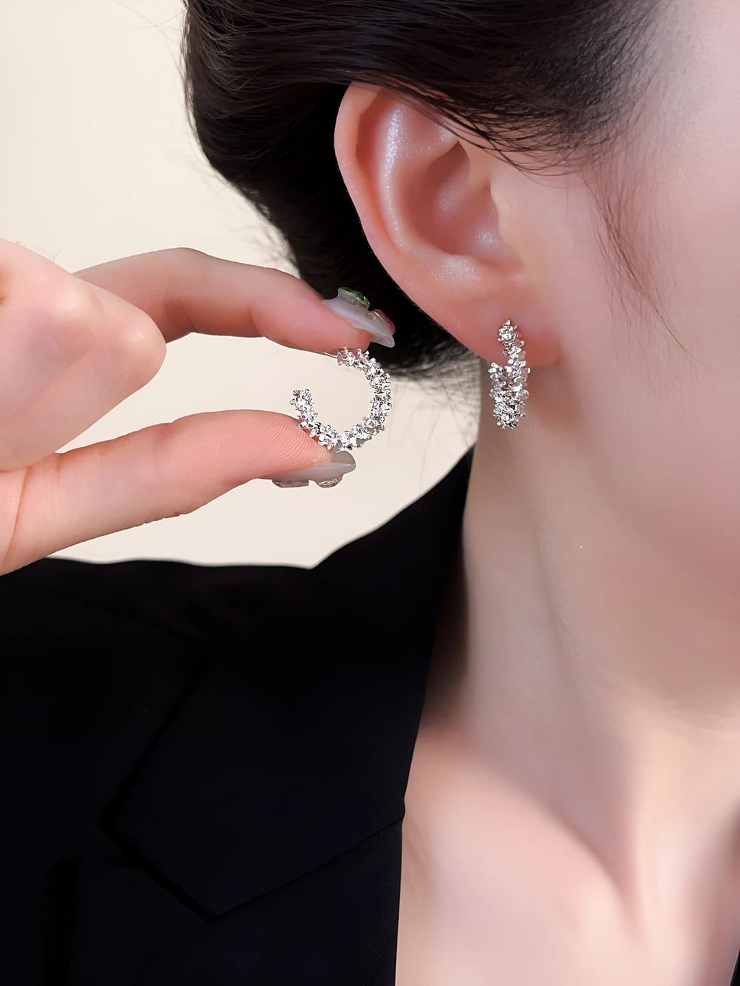 Silver C-shape stud earrings, 925 silver