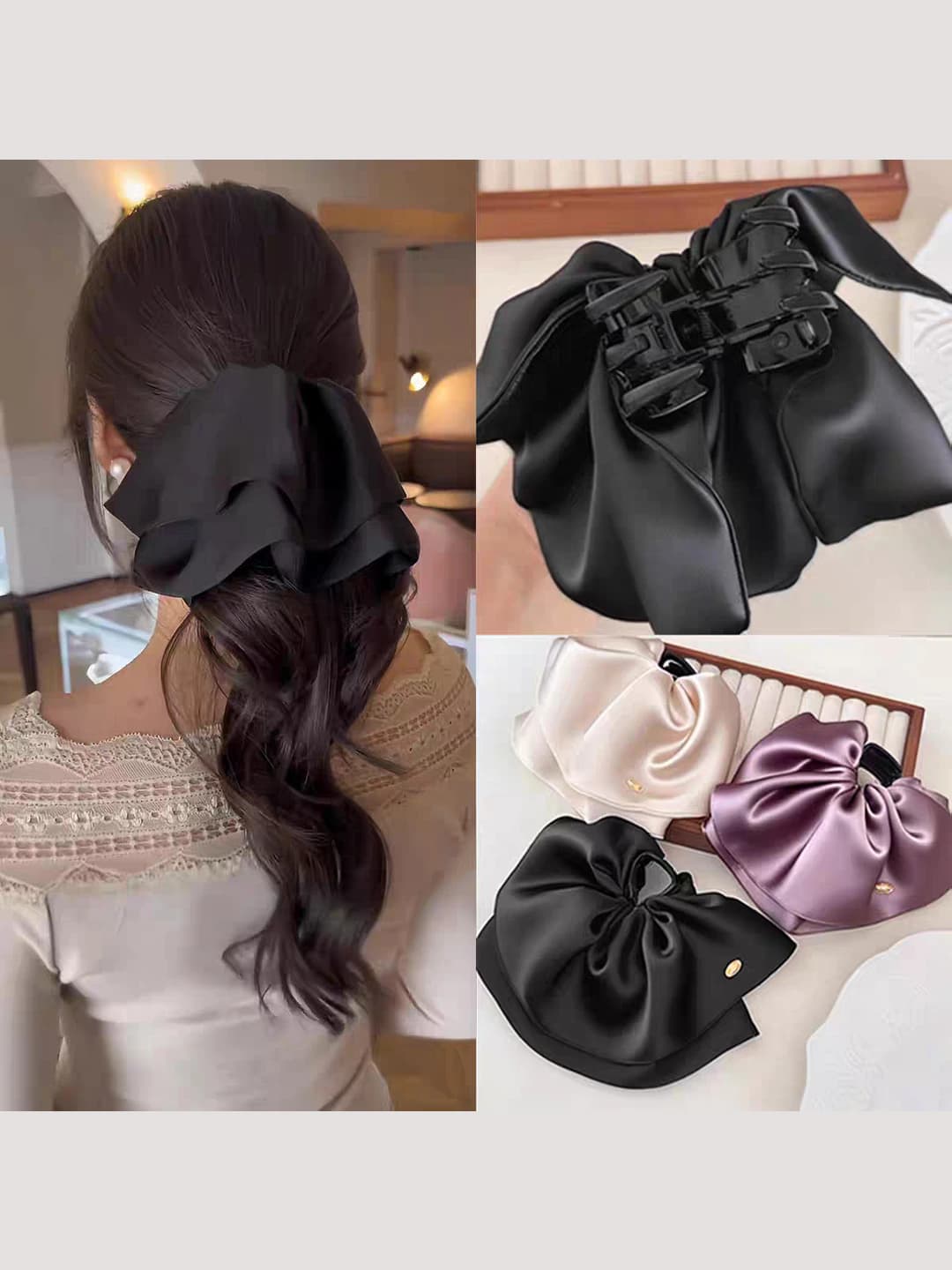 Women's satin hair clips and combs, solid colour, retro style