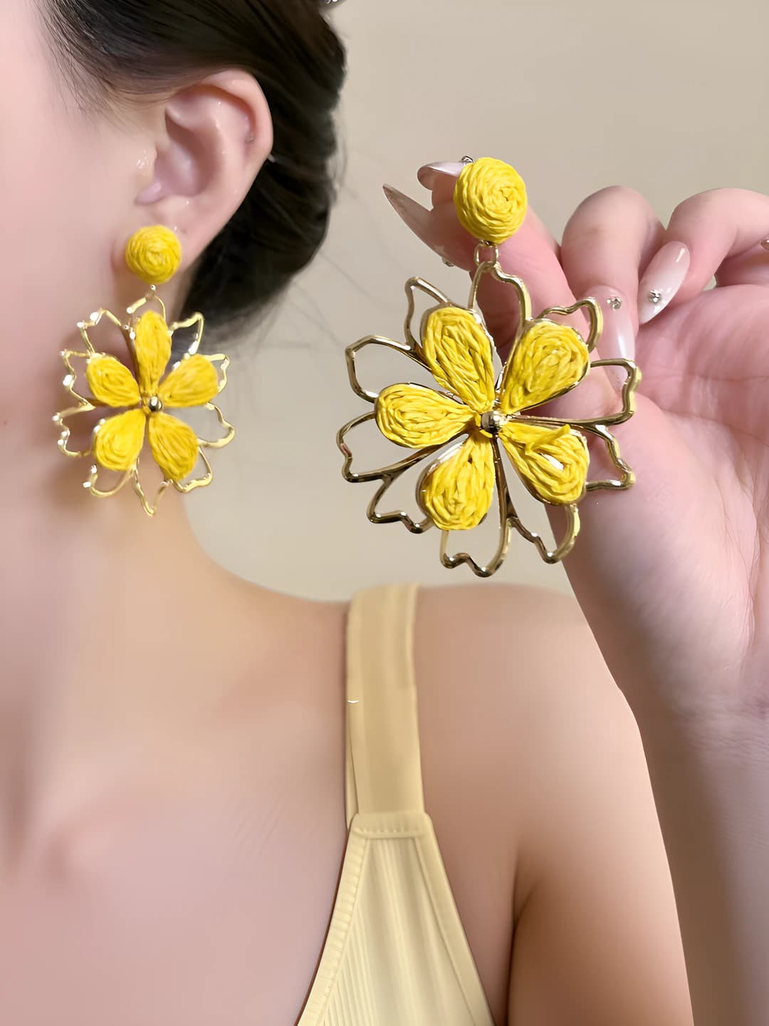 Yellow woven sunflower stud earrings