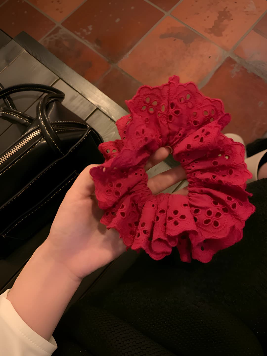 Red, double layer, lace cutout