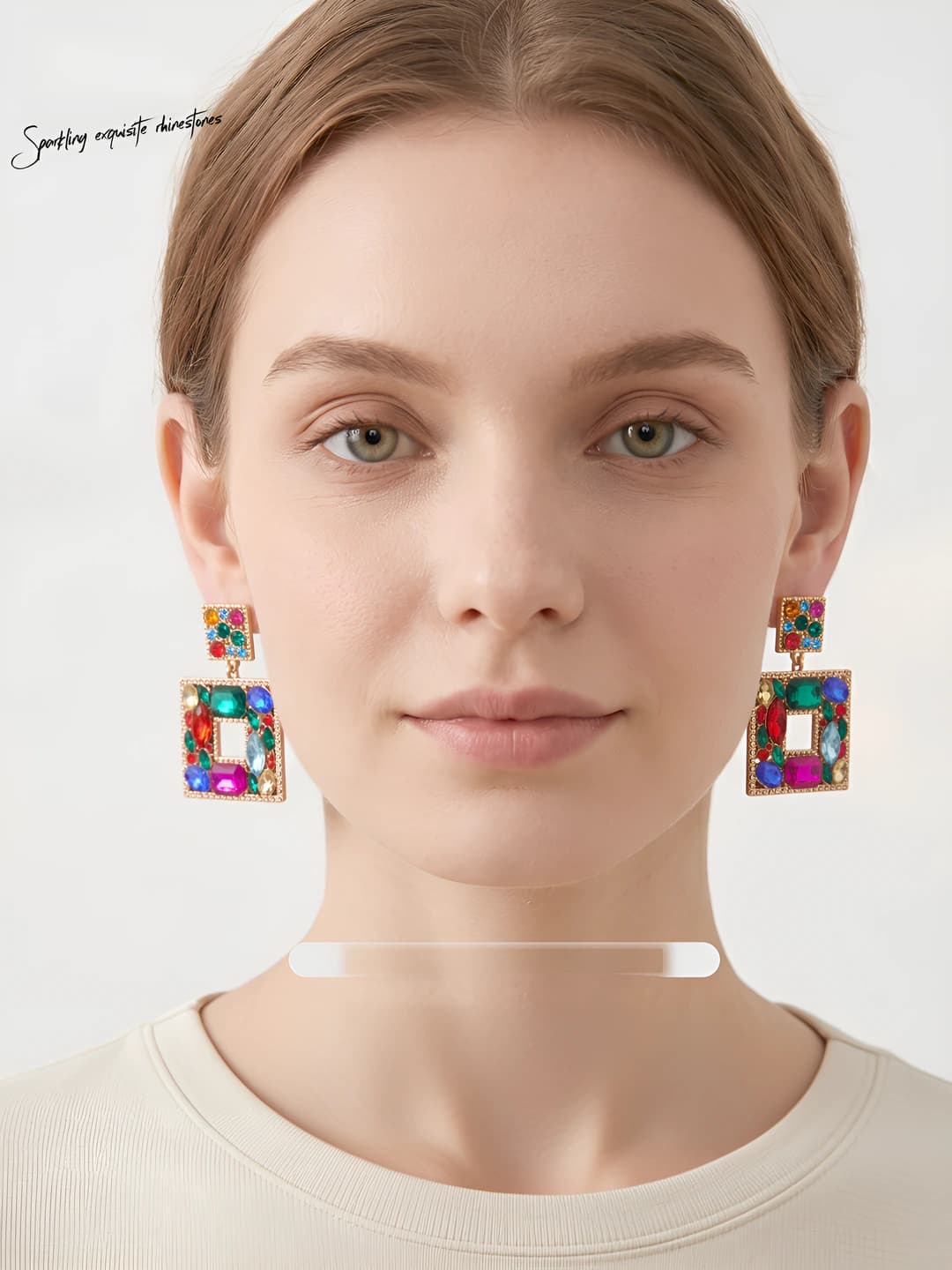 Women's square geometric metal alloy earrings with colored rhinestones in a fashion style