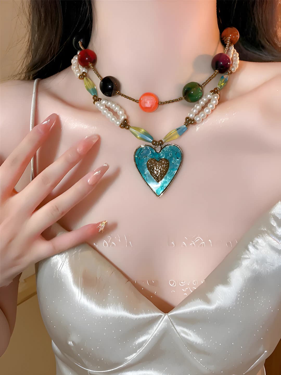 Women's retro resin beaded necklace, handmade, geometric shape, clavicle chain, 51-60 cm