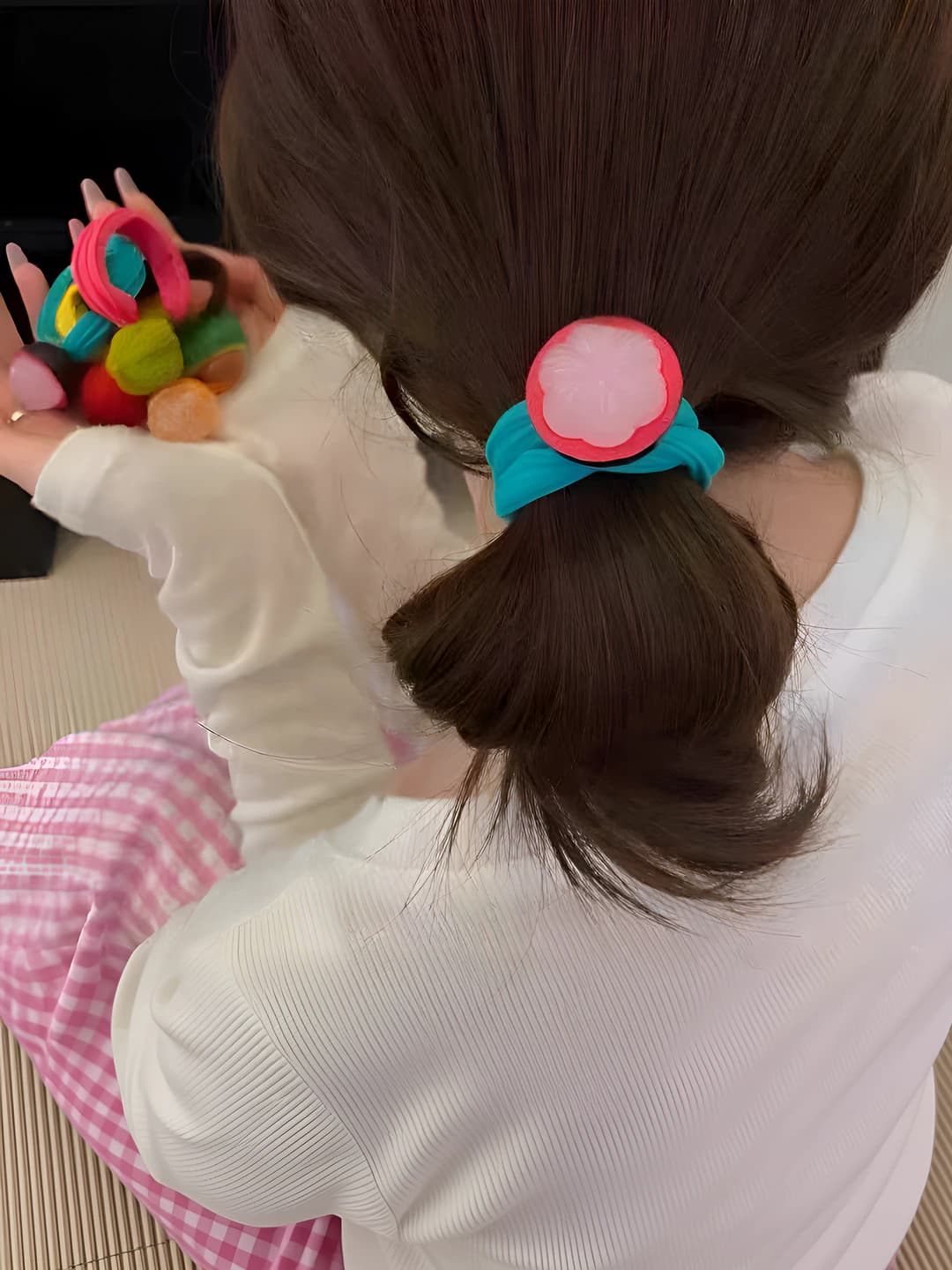 Women's spring-summer hair ties: stretch, non-damaging, with pineapple, avocado, and orange design elements