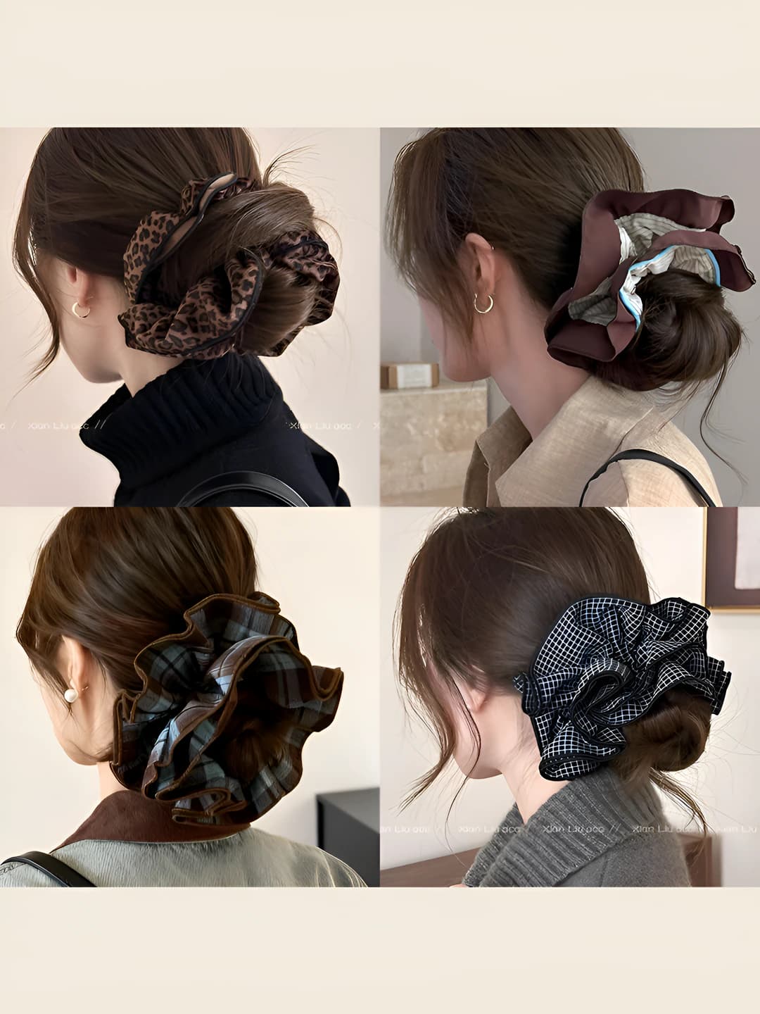 Women's Korean style retro small check 4-layer stretch scrunchie hair tie, natural style, low ponytail