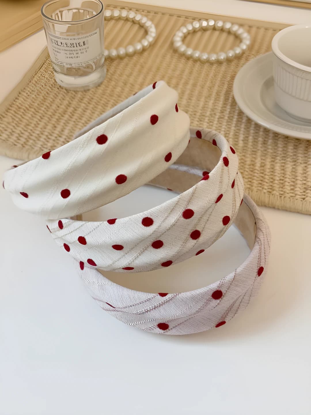 Women's cream fabric headband with stripes and polka dots, wide band, for face washing