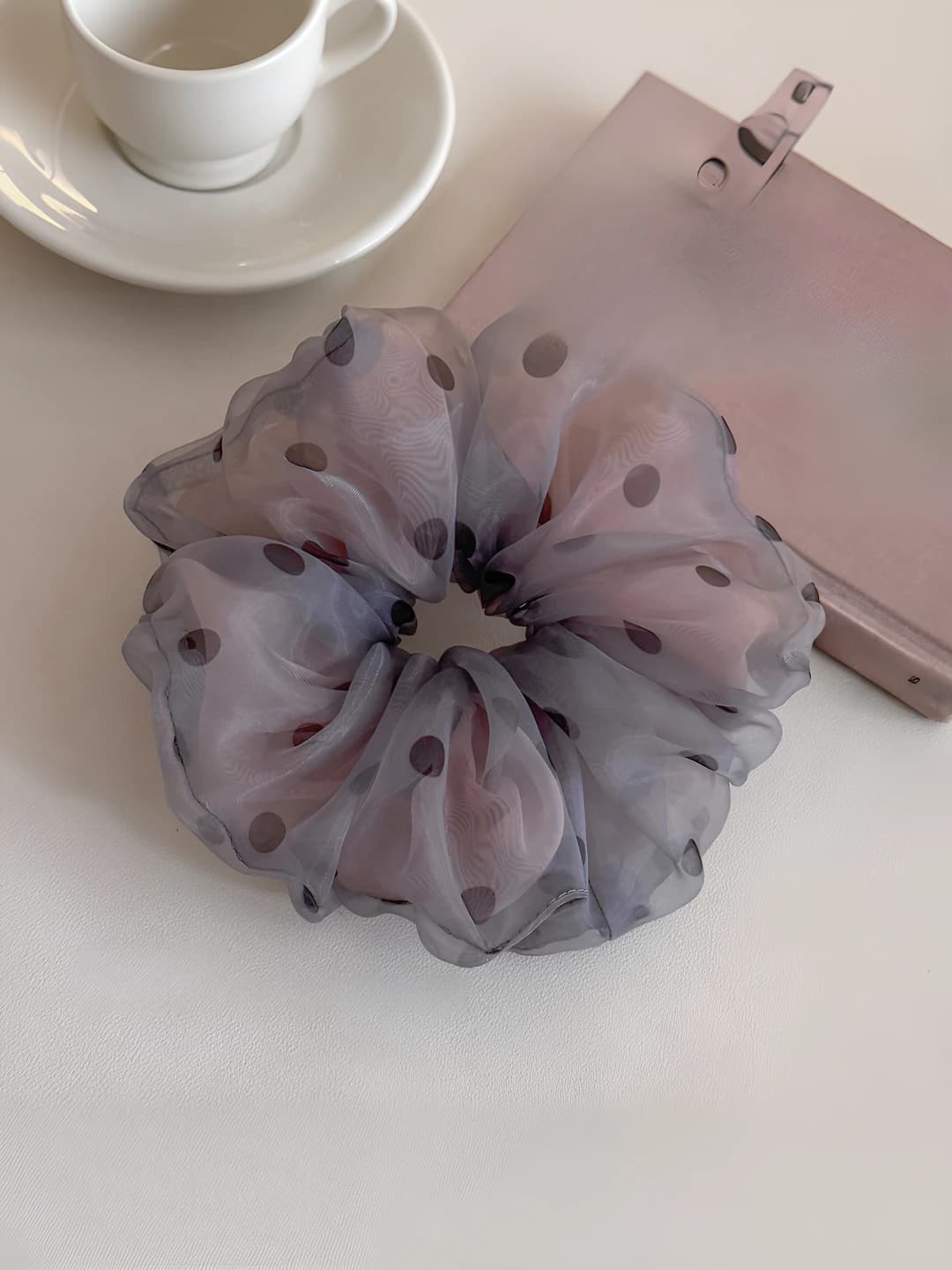 Women's hair scrunchie in Korean style, grey-purple polka dot tulle, stretch, high elasticity