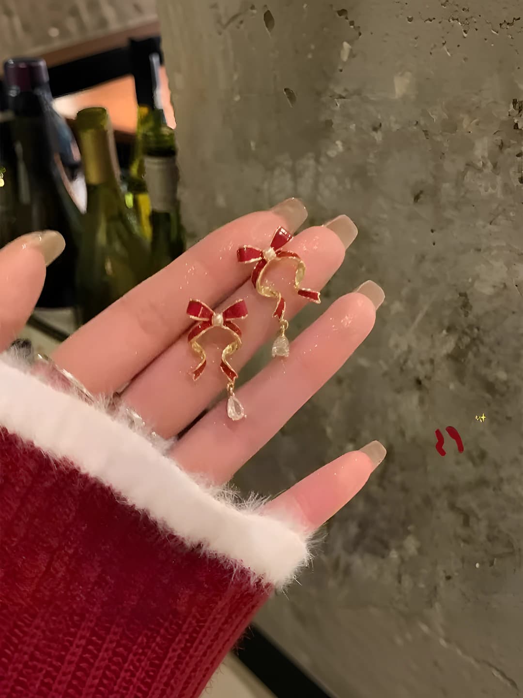 Women's red butterfly earrings with zircon, autumn-winter season, matches sweater