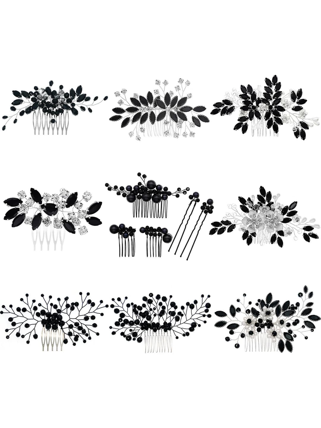 Women's hair clips and combs: retro style, black color, pearl and white crystal, handmade, floral pattern, for Halloween and parties
