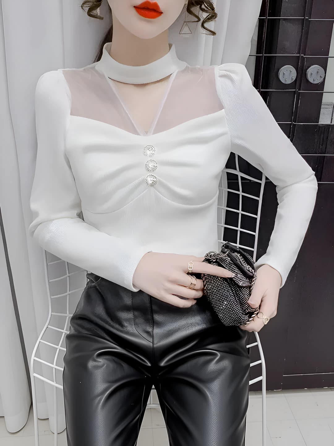 Women's long-sleeve base top with mock neck, slim fit, solid colour, spring-autumn