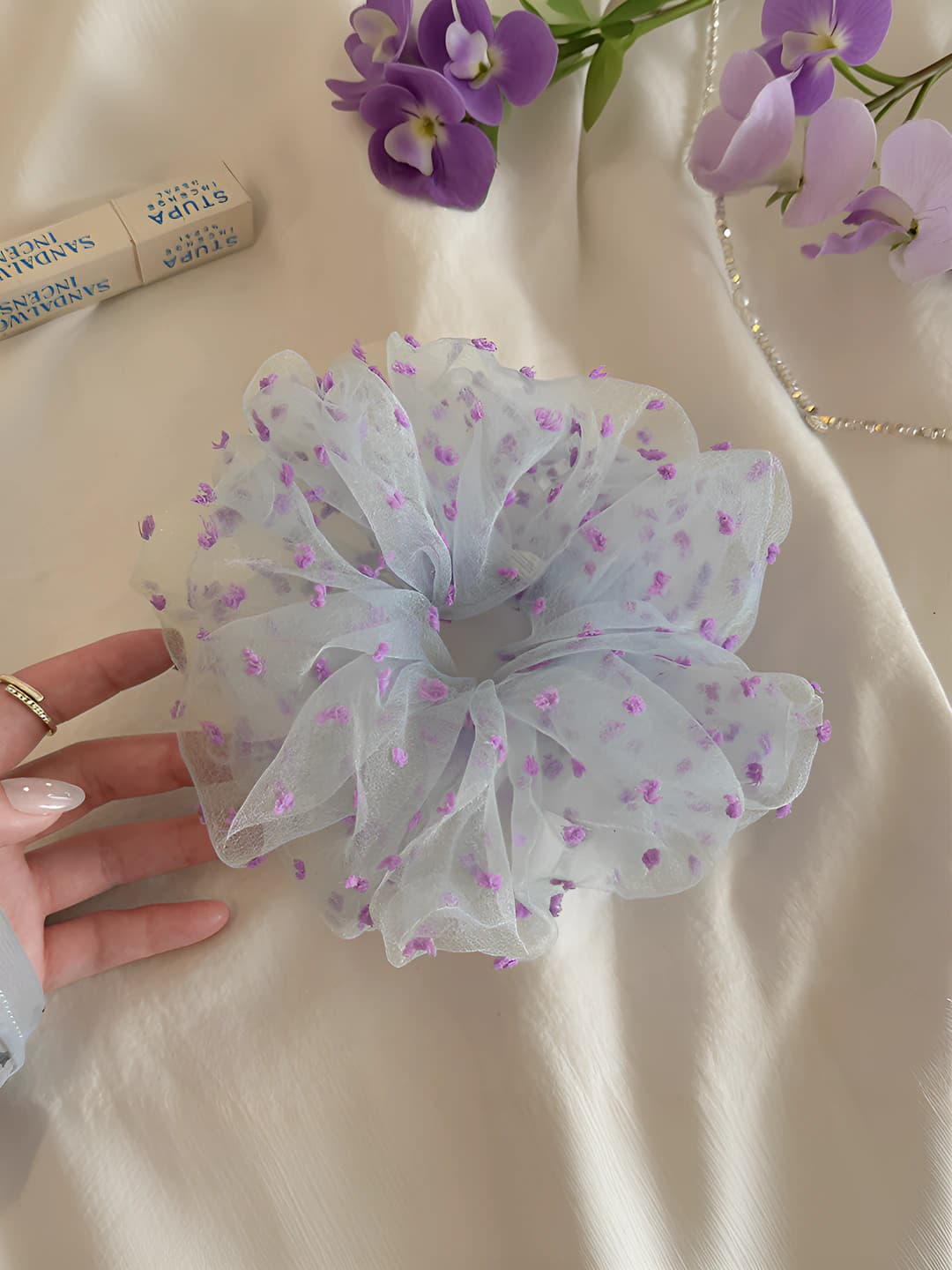 Purple polka dot tulle hair tie