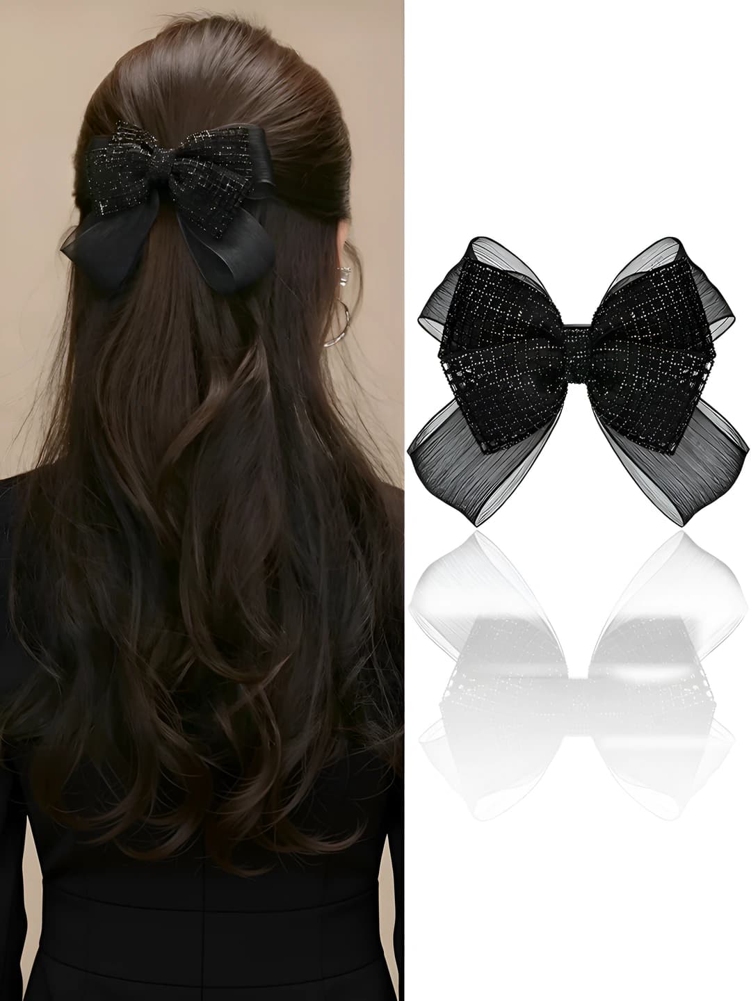 Women's black plaid bow hair clip, 2026, handmade, for hair volume
