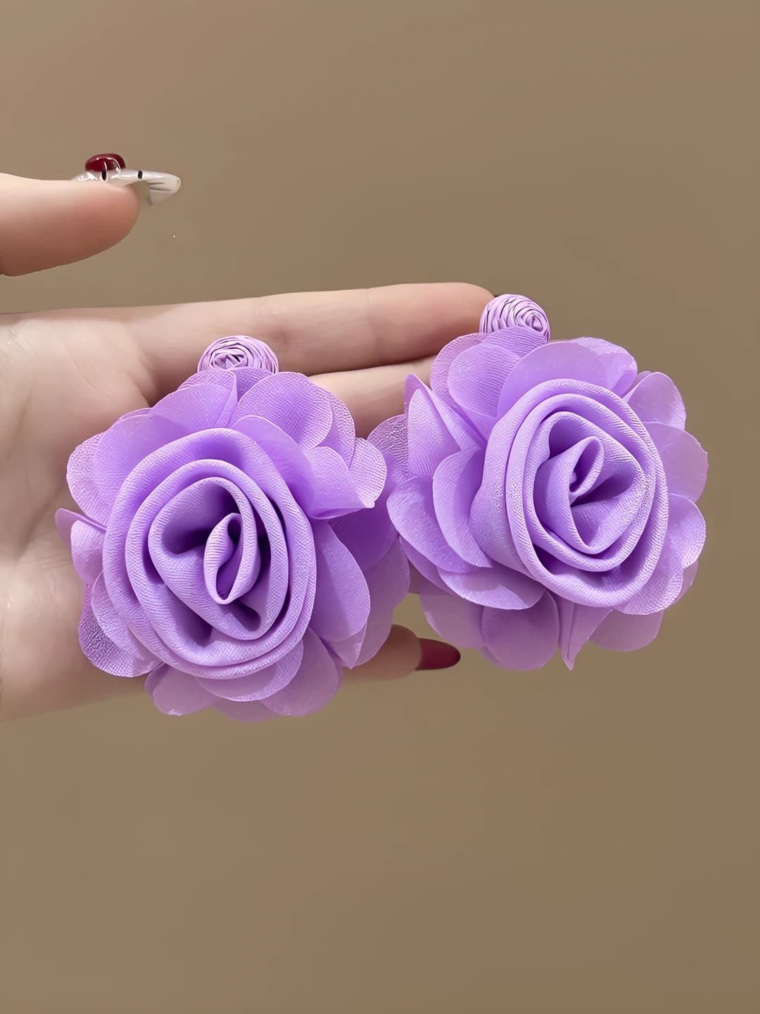Purple fabric rose earrings-approx 6.3cm