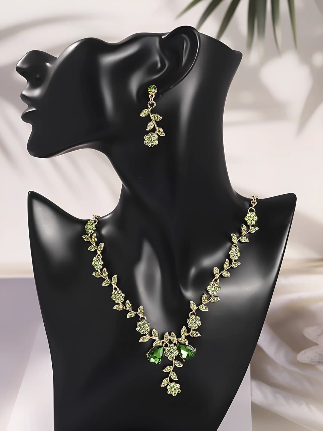Light green diamond floral necklace earring set NS-J6586GLG
