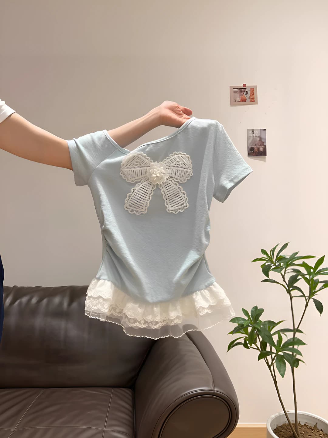 Women's summer short sleeve t-shirt, slim fit, lace and bow pattern, off-shoulder collar