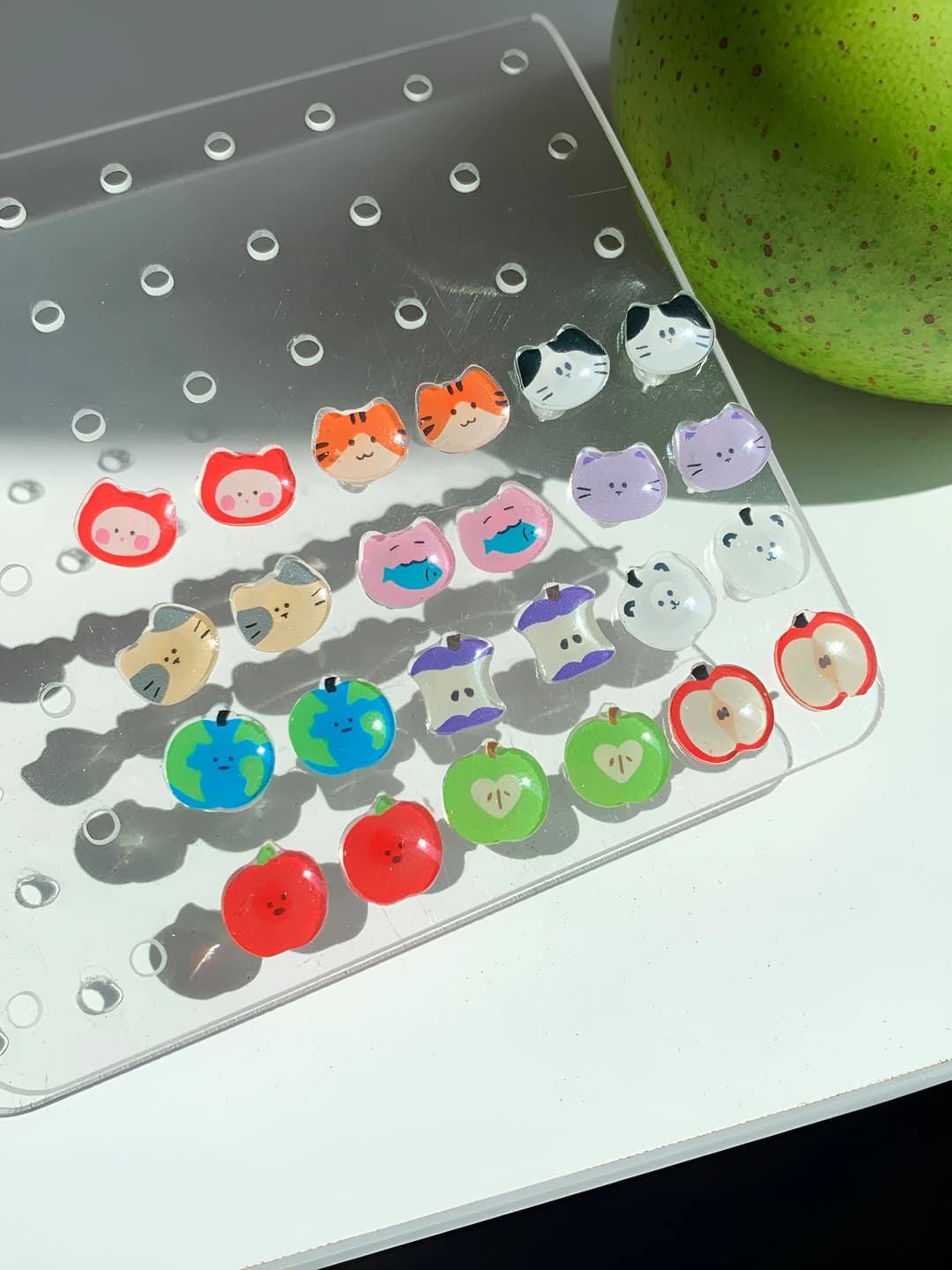 Summer women's resin stud earrings with cute apple and cat design, 925 silver post, dopamine cartoon style