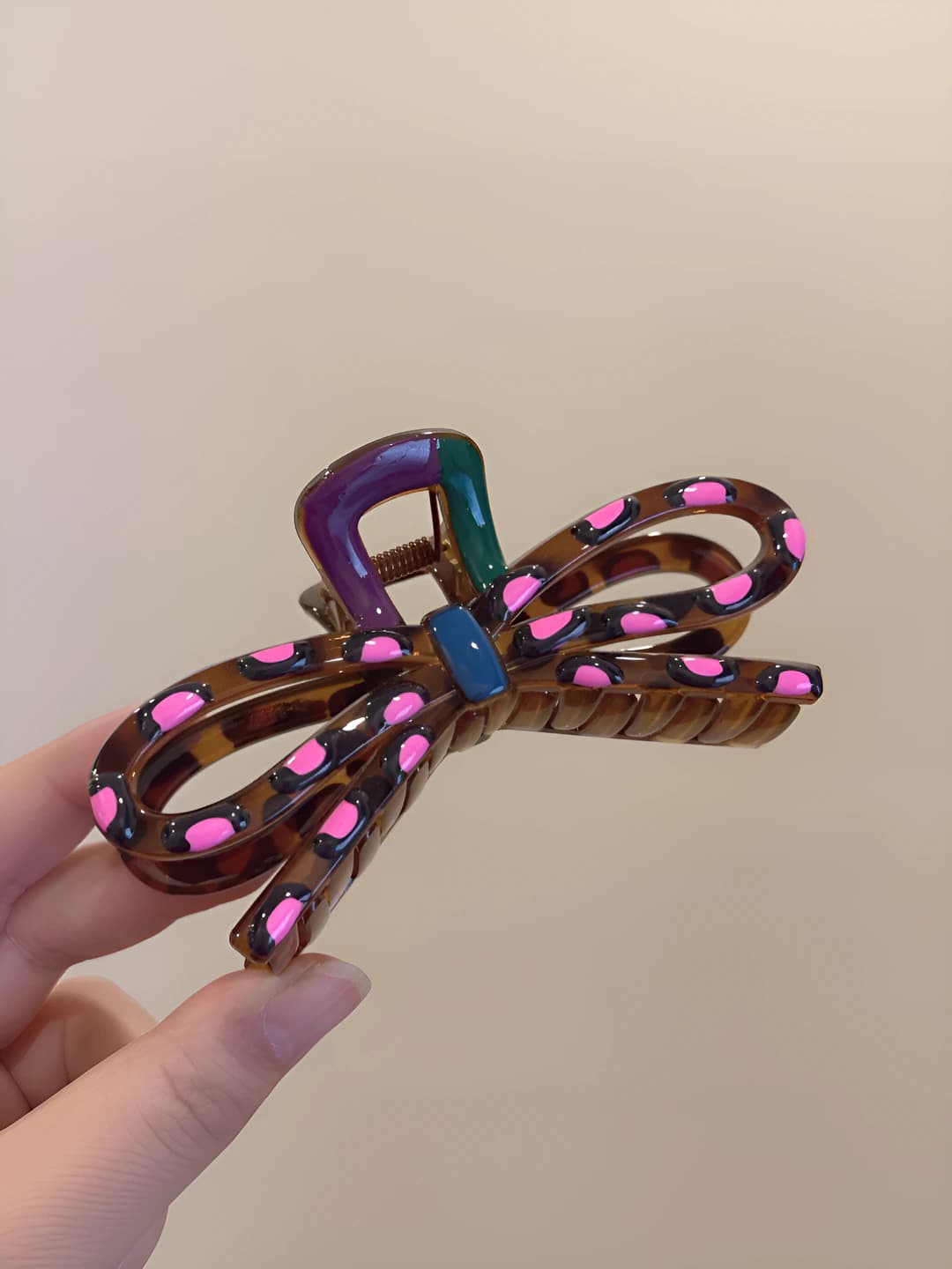 4# black-pink polka dot bow, 12 cm
