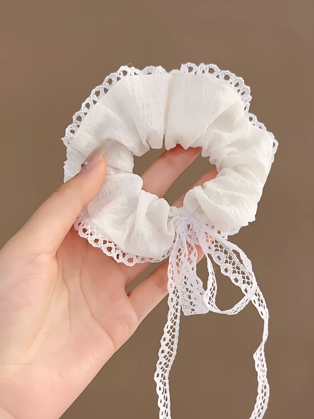 Beige bow large scrunchie ~9.8 cm