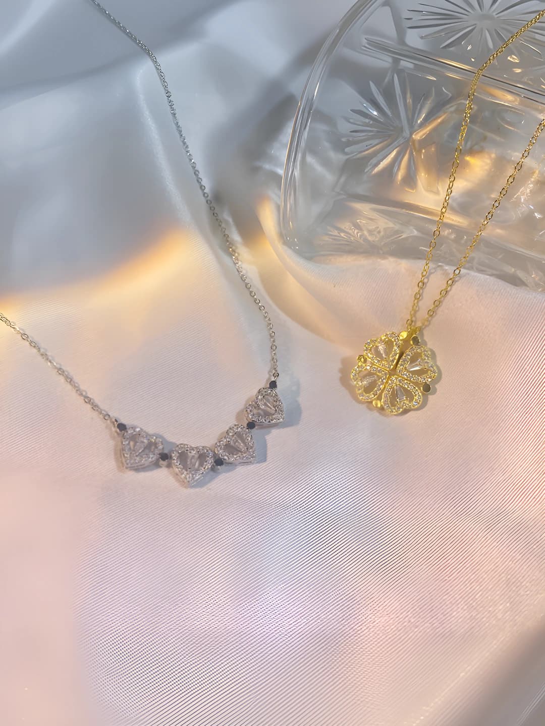 Women's necklace with heart and four-leaf clover pendant
