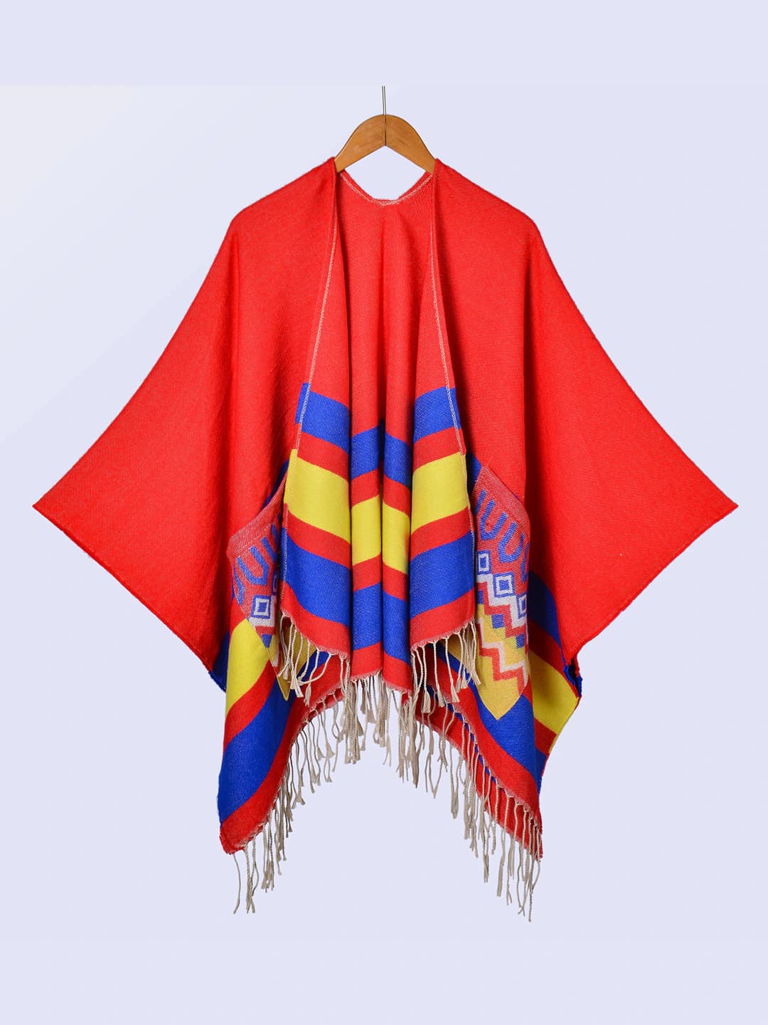 Colour-block horizontal stripe pocket shawl, red