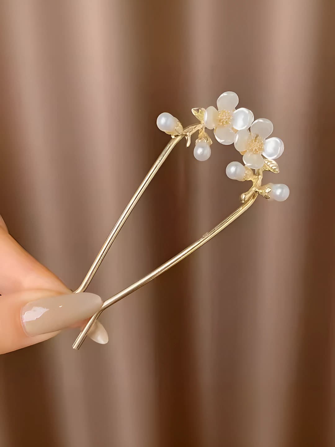 10# Gold pearl floral U-shaped hairpin