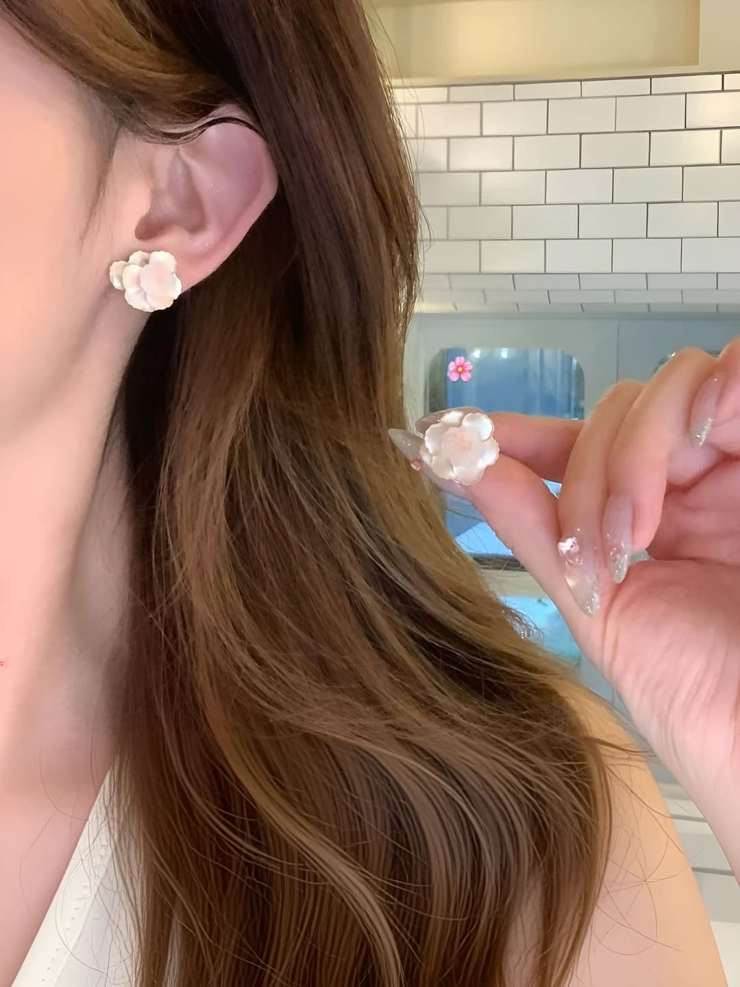 Pink-white camellia earrings