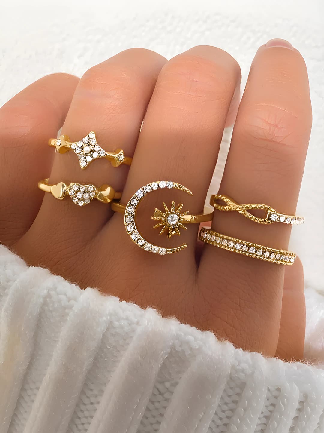 Set of 5 rings for women: heart, figure 8, star, moon shapes, with gemstone inlays