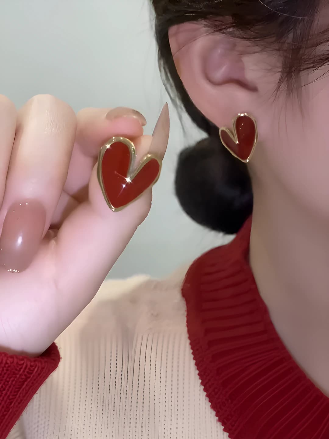 Red enameled heart hoop earrings