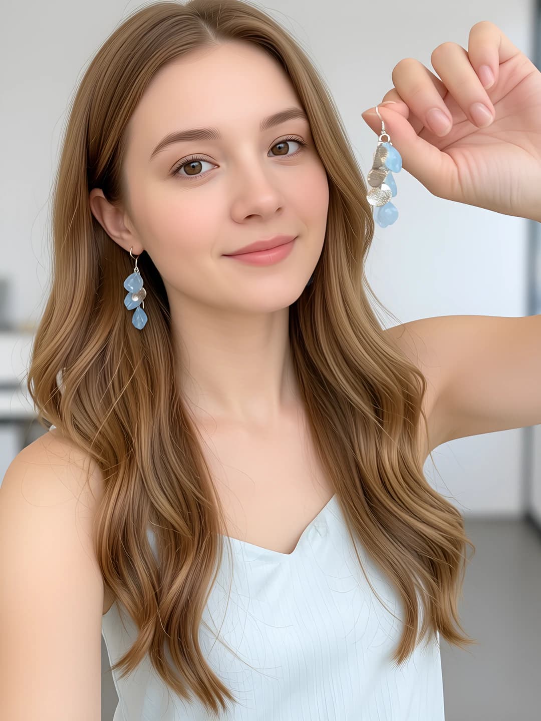 Blue shell petal tassel earrings