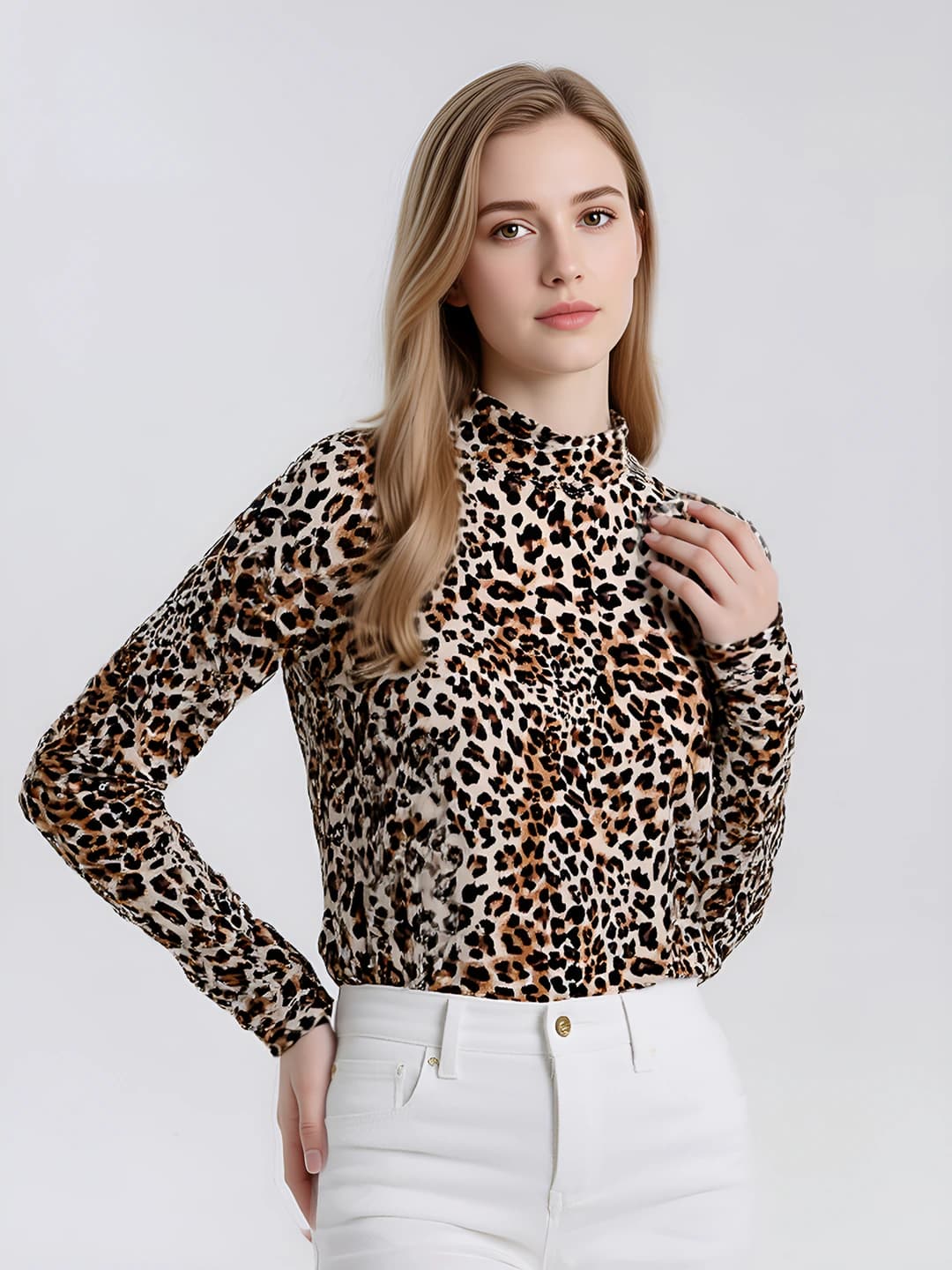 Women's spring silk mulberry silk printed long sleeve mock neck loose fit slimming long-sleeve base top