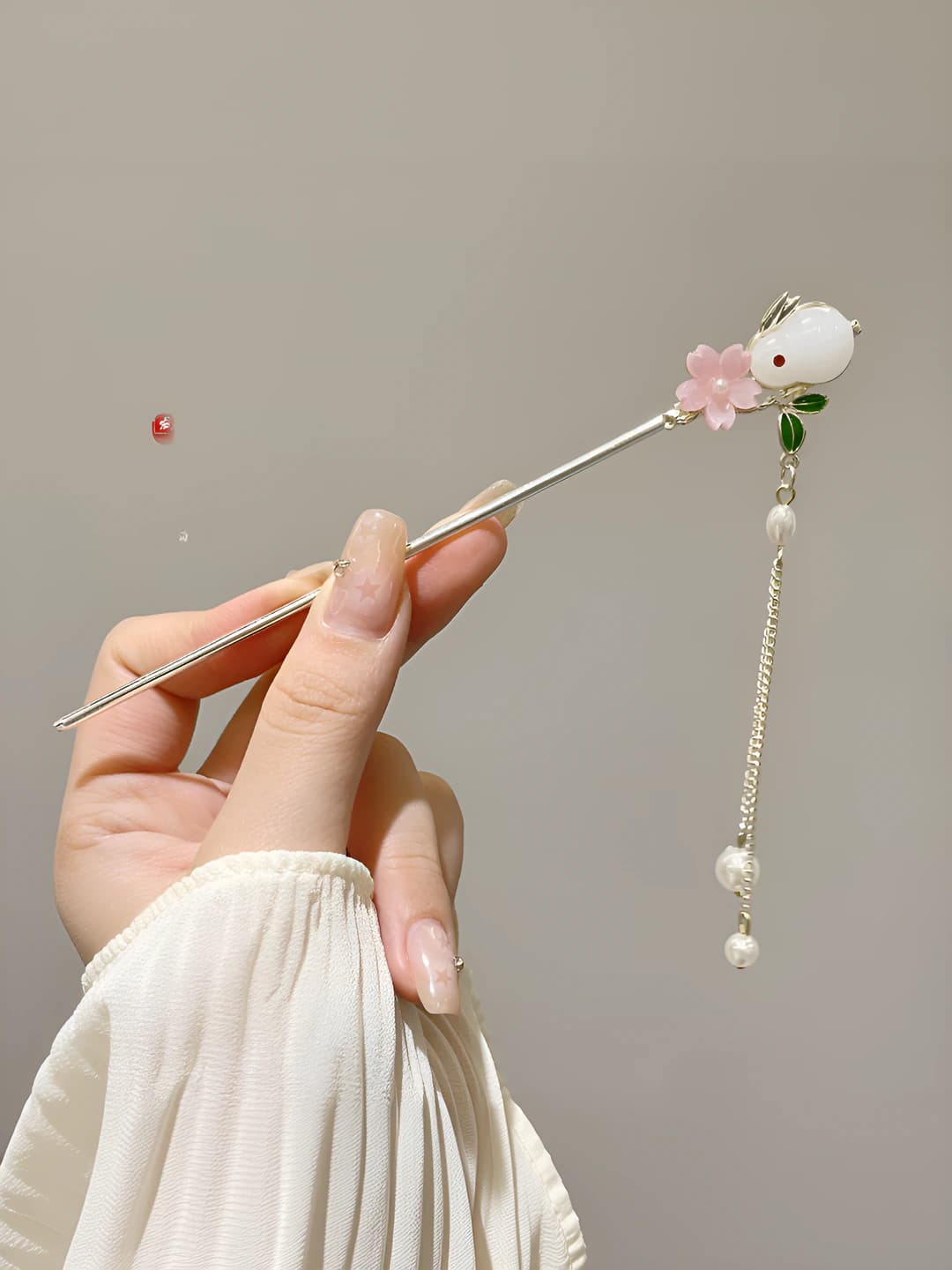 74# Jade rabbit pink flower tassel pin - Gold