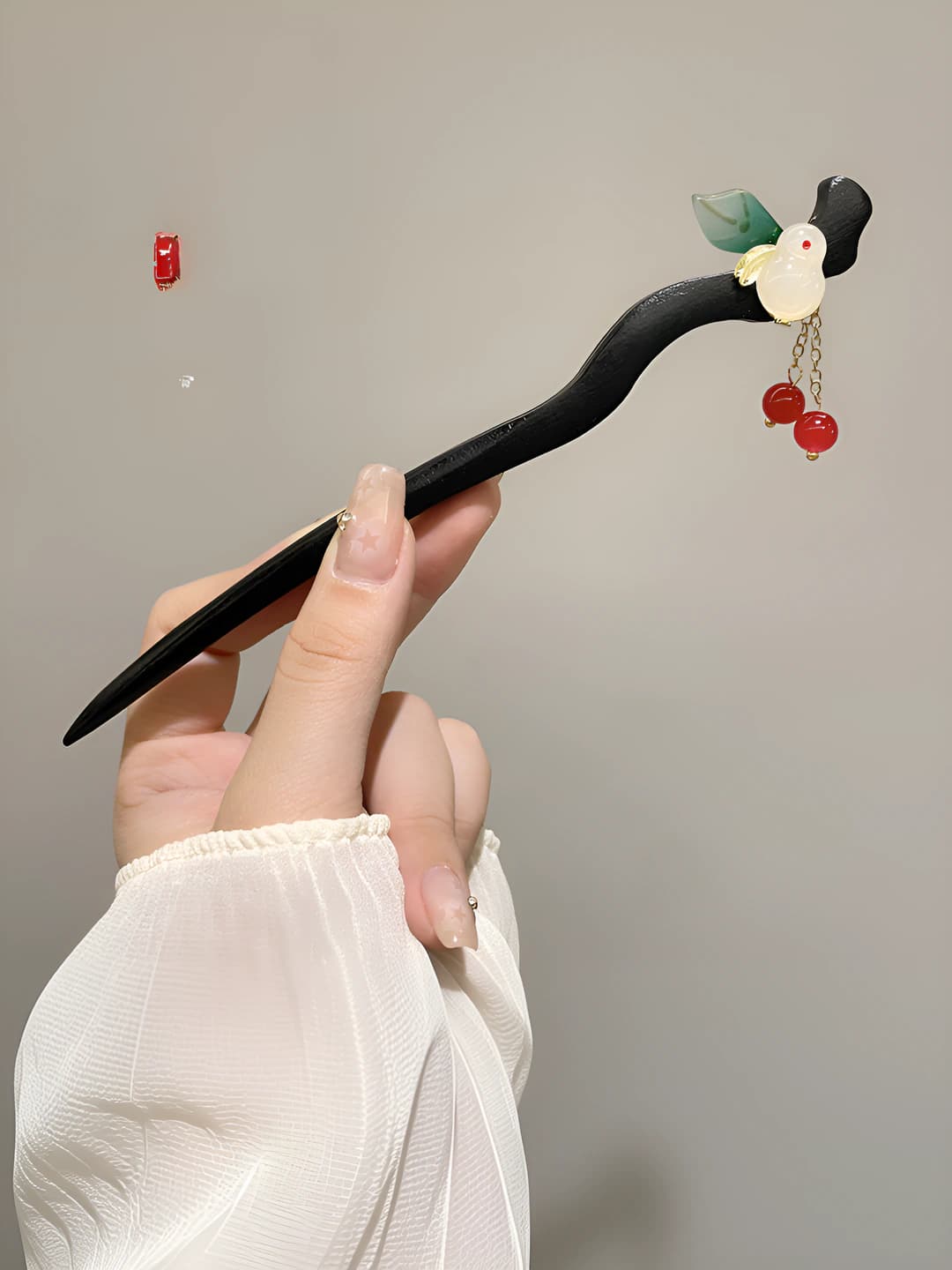 66# Green leaf rabbit tassel red pearl hairpin