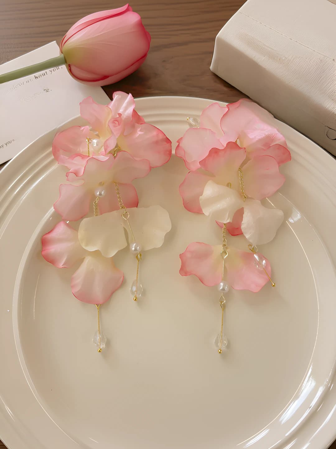 Pink flower tassel earrings-9.5CM
