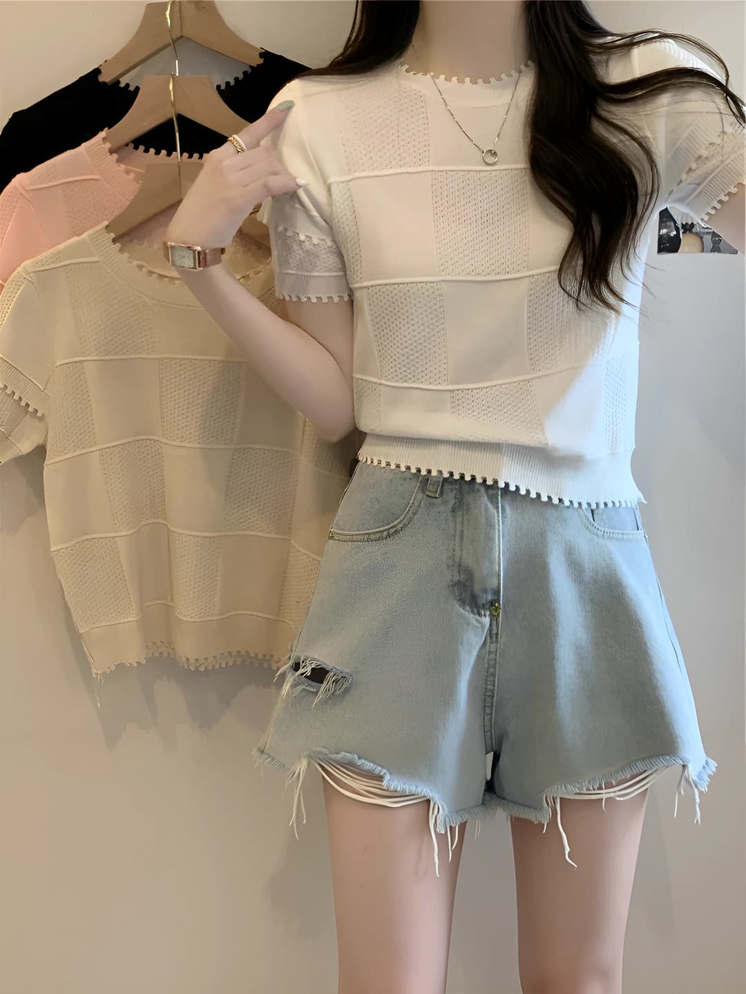 Women's summer knit top, crew neck, short sleeve, slim fit, slimming, solid colour, openwork pattern