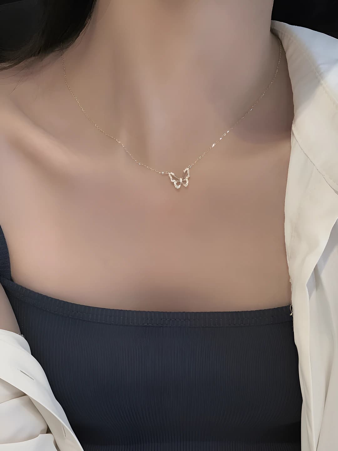 Women's simple crystal butterfly choker necklace