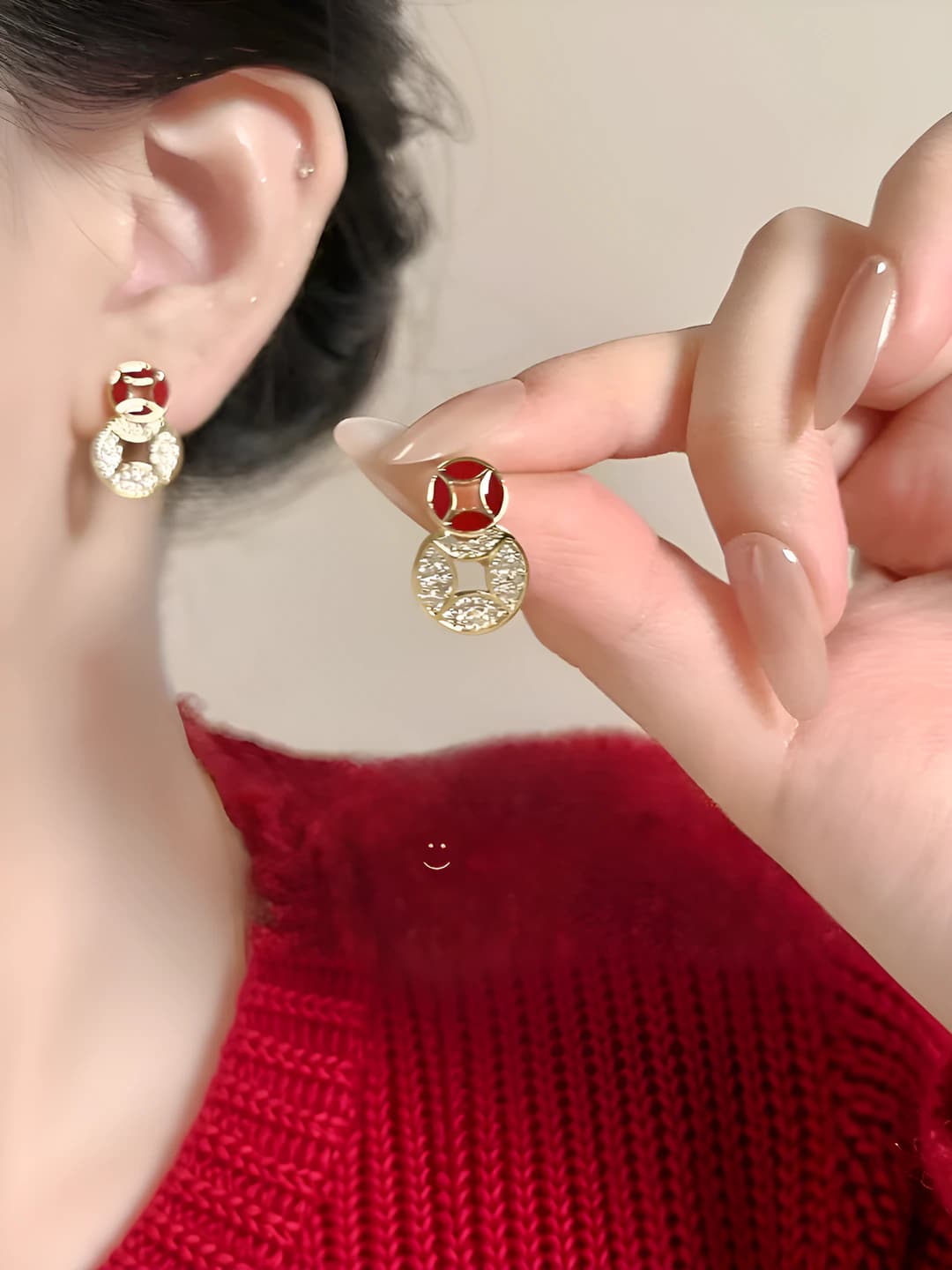 Red enamel zircon coin stud earrings