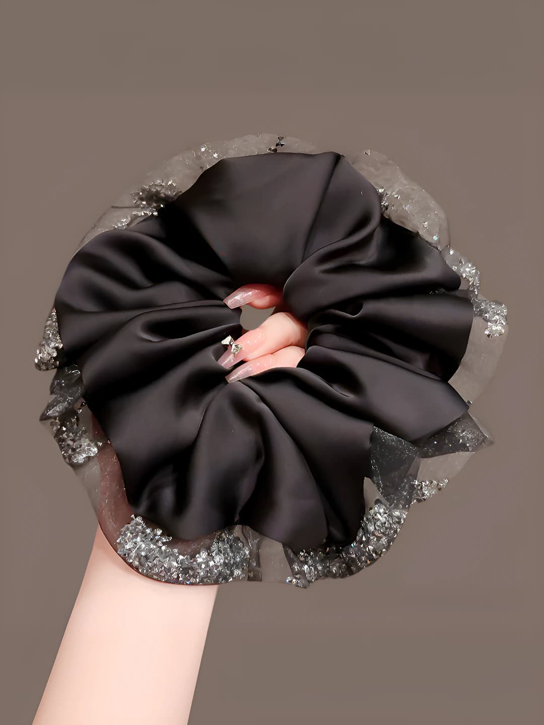 2#Mesh and rhinestone black large scrunchie approx. 16 cm